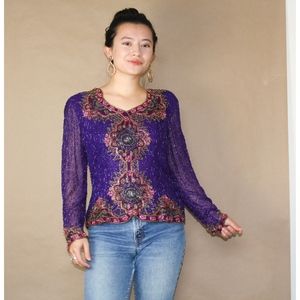 vtg 80s beaded party purple blouse